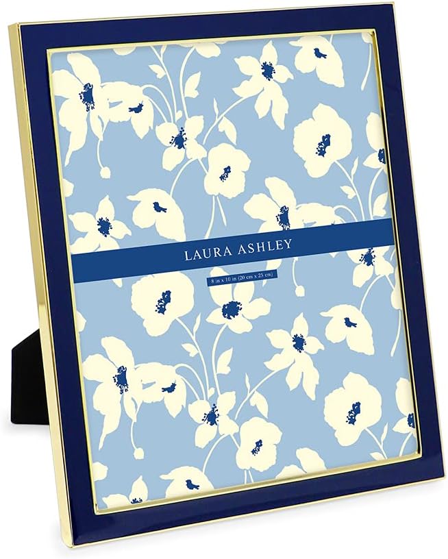 Laura Ashley 5x7 Navy Enamel Picture Frame, Gold Metal Edge with Easel, for Countertop, Counterspace, Tabletop Display, Bookshelf, Desk, Wall Décor, Photo Gallery (5x7, Navy W/Gold)