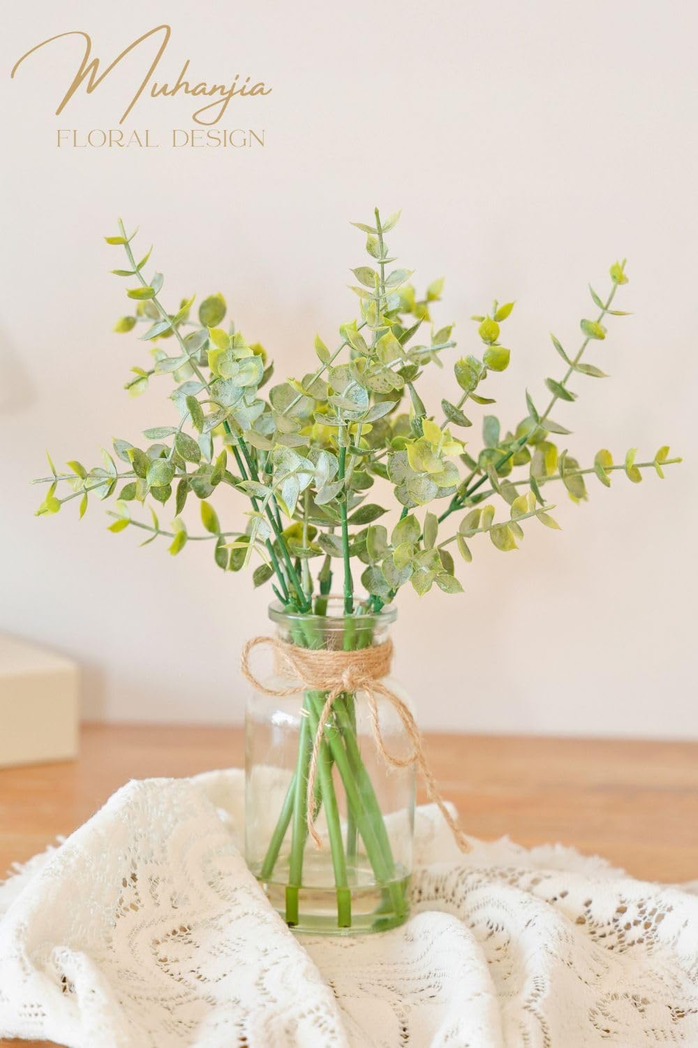 Muhanjia Artificial Eucalyptus Stems in Glass Vase with Faux Water,3Pcs Fake Plant with Double-Sided Green Leaves for Centerpiece(Double-Sided Green Eucalyptus)