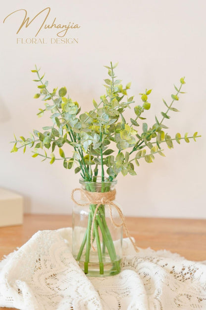Muhanjia Artificial Eucalyptus Stems in Glass Vase with Faux Water,3Pcs Fake Plant with Double-Sided Green Leaves for Centerpiece(Double-Sided Green Eucalyptus)