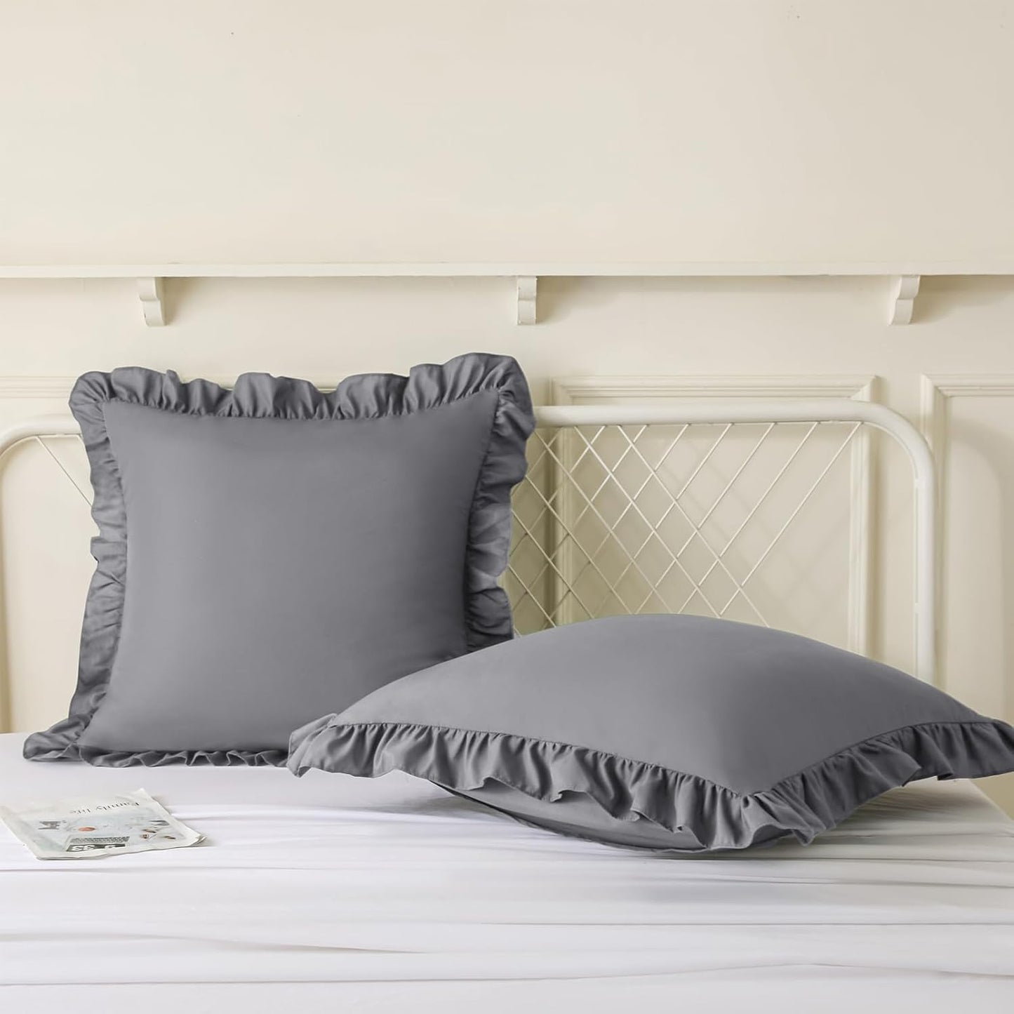 KKJIAF Ruffle Pillow Cases 26x26 Inches, White Square Ruffled Pillow Covers Set of 2, Microfiber Wrinkle Resistant Pillow Shams with Envelope Closure for Sofa Bed Living Room