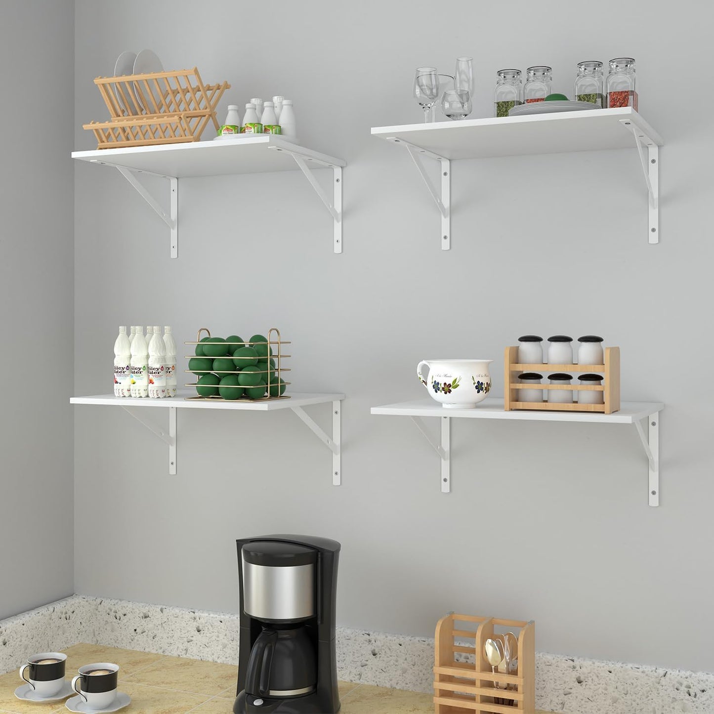 Deep Floating Wall Shelves - 4 Sets of 12 Inch Wide Black Wood Shelves for Bathroom, Bedroom, Kitchen, Living Room