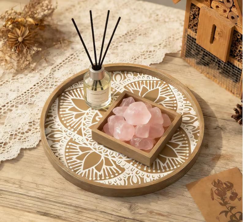 Hanobe Decorative Serving Tray Round: Farmhouse Coffee Table Decor Boho White Mandala Trays for Living Room Kitchen Bathroom Display