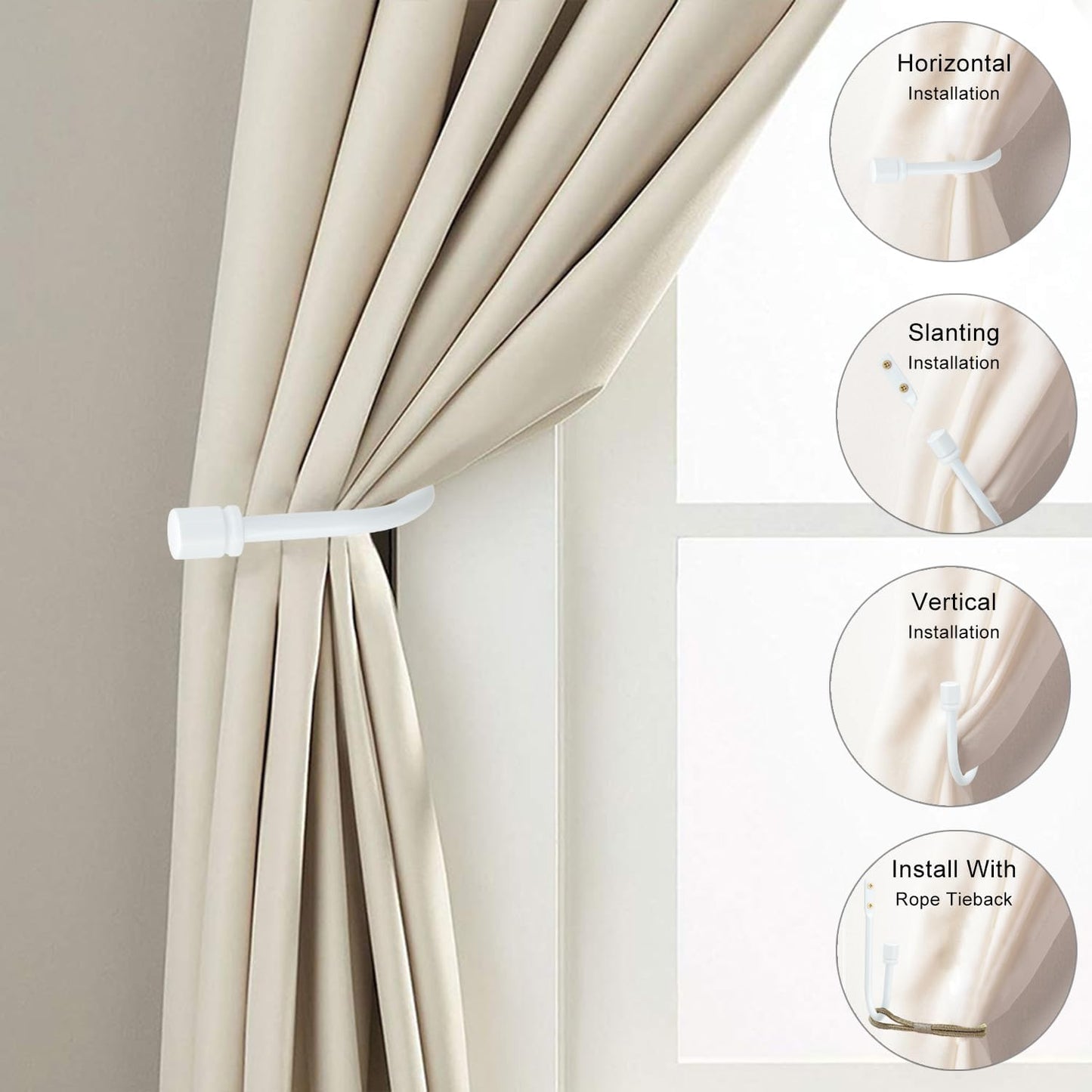 2 Pack Curtain Holdbacks - Silver, Decorative Drapery Wall Hooks with Hardware, Curtain Pull Back Hooks, Metal Curtain Tiebacks Wall Mounted, Window Side Holders for Drapes, Curtain Accessories