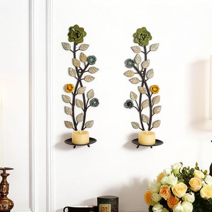 Metal Wall Candle Sconce Holders Set of 2, Rustic Leaf and Flower Branch Candle Holder Wall Decoration for Living Room Farmhouse Wedding Fireplace
