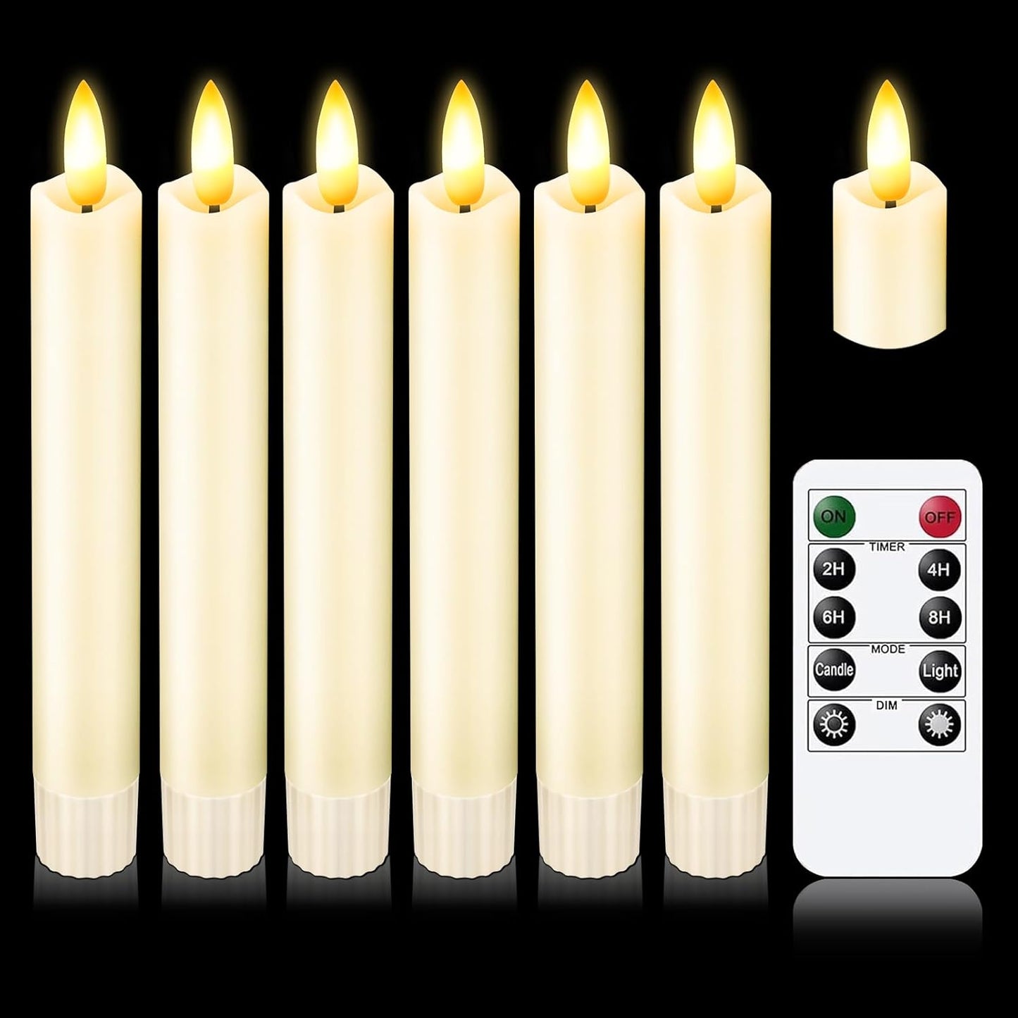 KSWING Upgraded Real Wax Short LED Flameless Taper Candles with Remote, 6 PCS White Candlesticks Battery Operated 3D Flickering - 6" Realistic Fake Candle Sticks for Home/Wedding/Fireplace Xmas Decor