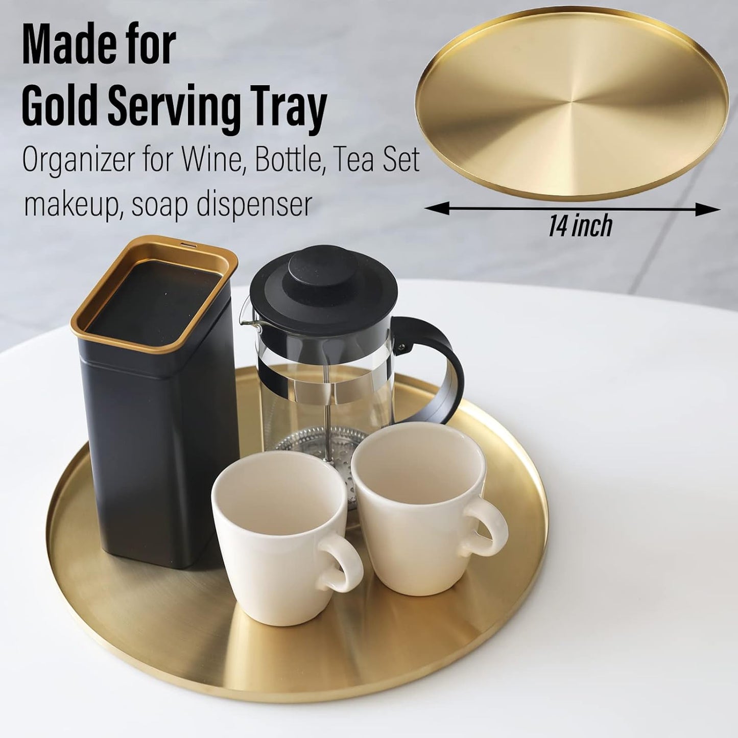 FREELOVE Gold Tray, Round Brass Serving Platter, Bar Circle Decorative Plate, Coffee Table Metal Decor Dishes, Brushed Hammered Coasters, Counter Bathroom Kitchen Dessert Cart Display Food, 12 inch