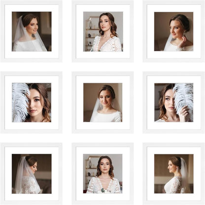 12x12 Picture Frame Set of 9, Display Pictures 8x8 with Mat or 12x12 without Mat, Multi Collage Gallery Square Photo Frames for Wall or Tabletop, Black