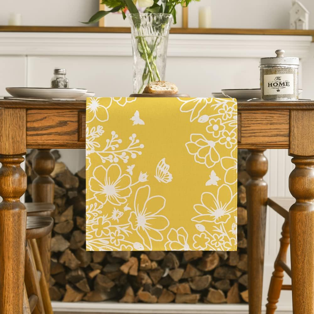 Artoid Mode Pink Bloom Flowers Butterfly Spring Table Runner, Seasonal Holiday Kitchen Dining Table Decoration for Home Party Indoor 13x72 Inch