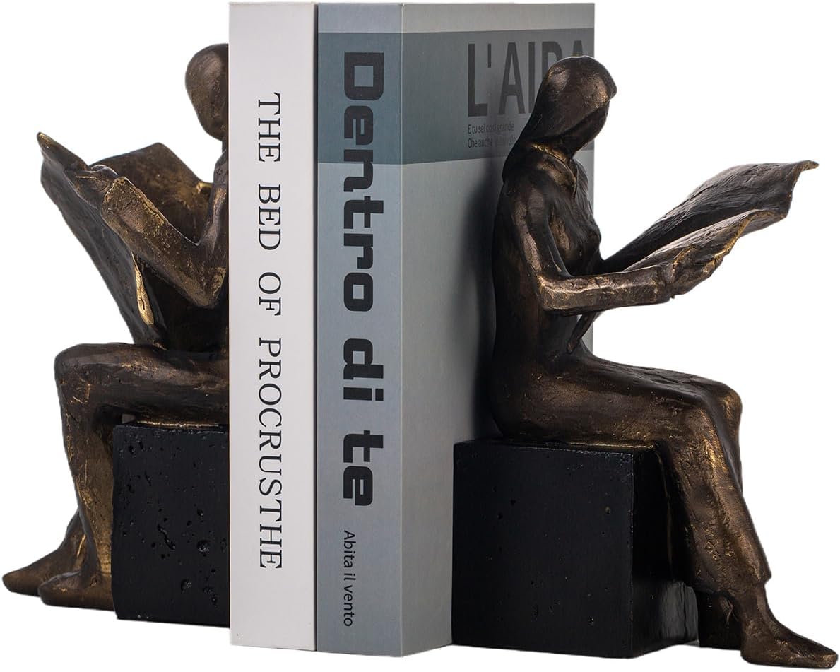 Lukitas Thinker Decorative Bookends, Non-Slip Book Holder, Book Ends for Shelves Living Room Office Home Decor, Resin, 1Pair/2Piece 9''