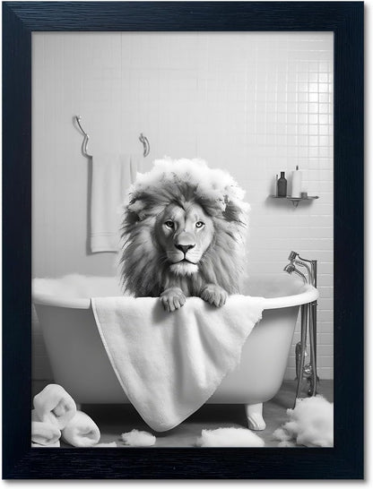 Bathroom Picture Wall Decor, Framed Black and White Bathroom Wall Art, Toilet Paper in Little Funny Raccoon's Hand Animal Canvas Print Painting