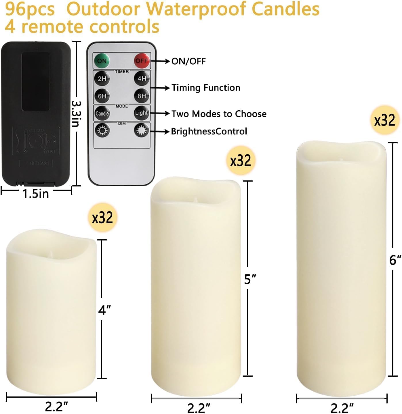 Enpornk Set of 24 Flameless Led Battery Opeated (D2.2'' x H4''5''6'') Waterproof Outdoor Indoor Candles with 10-Key Remotes and Cycling 24 Hours Timer