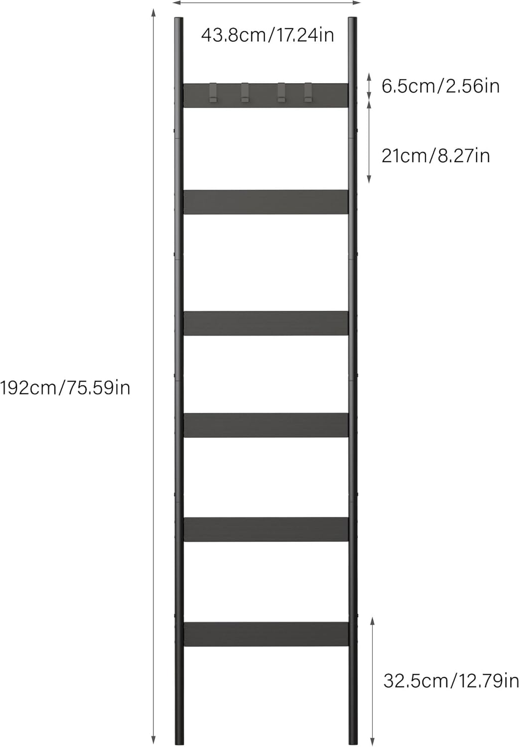 Blanket Ladder, 5-Tier Towel Holder with 4 Removable Hooks, Farmhouse Wall Leaning Decorative Rack Shelf, Wooden Towel Display Rack, Quilt Ladder for Living Room, Bedroom, Rustic Brown