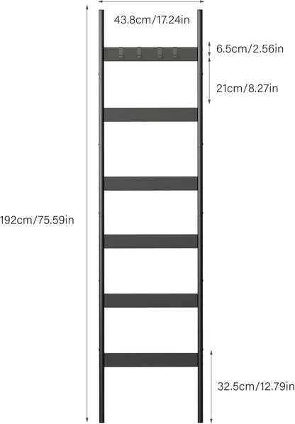 Blanket Ladder, 5-Tier Towel Holder with 4 Removable Hooks, Farmhouse Wall Leaning Decorative Rack Shelf, Wooden Towel Display Rack, Quilt Ladder for Living Room, Bedroom, Rustic Brown