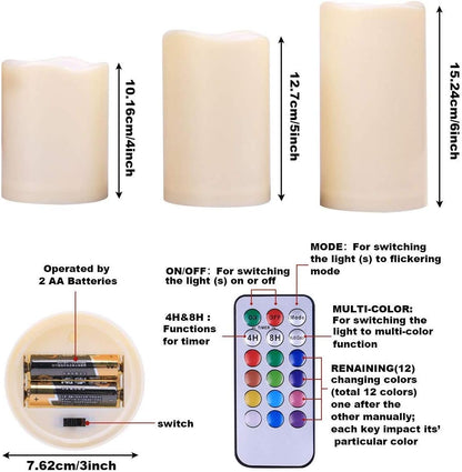 Enido Flameless Candles, Color Changing LED Candles(D: 3" x H: 4" 5" 6") Battery Operated Outdoor Waterpoof Candles Plastic Pack of 9 Flameless Pillar Candles