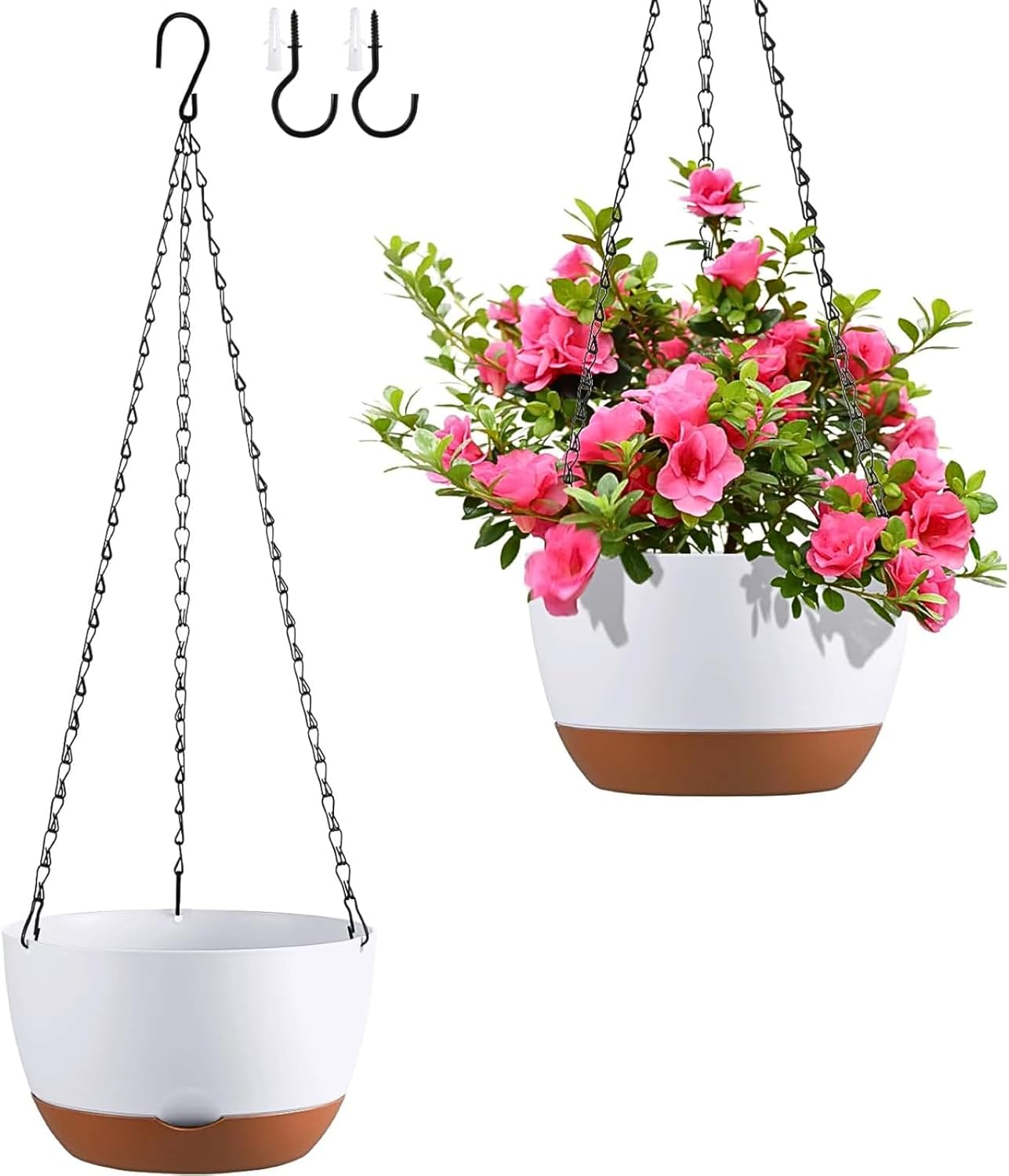 Set of 2 Hanging Planters for Indoor Outdoor Plants, 8 Inch Self-Watering Hanging Flower Pots with Drainage Hole & Removable Water-Storage Tray (Hooks)