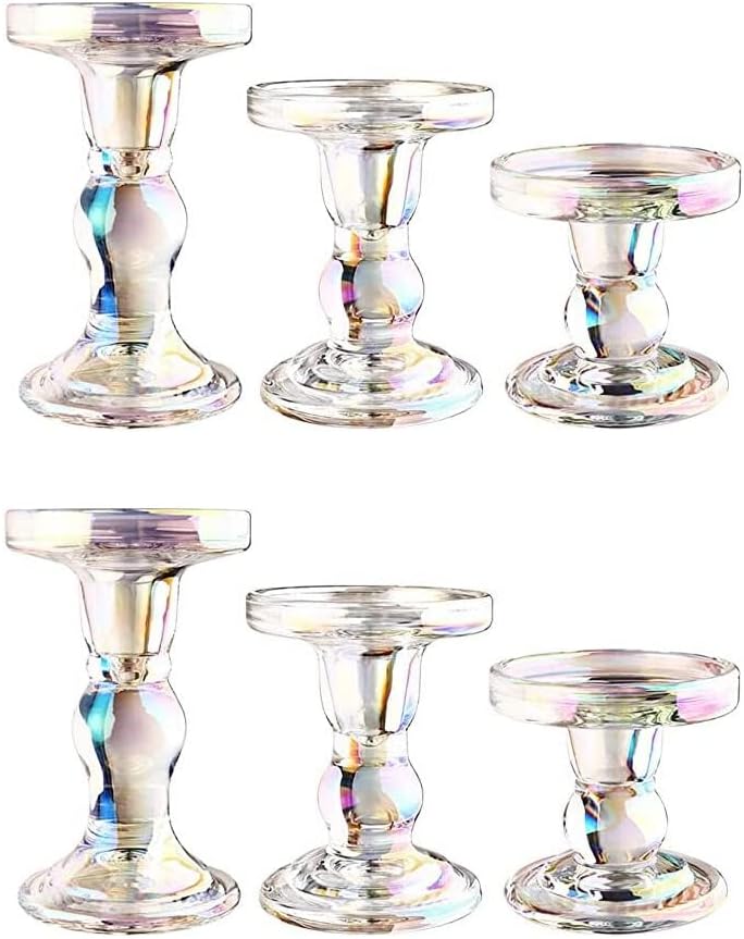 6-Piece Set of Glass Candlestick, Crystal Candlestick Holder Holder and Conical Candle, Christmas Candle Holder Decoration, Family Living Room Wedding Candle Holder (Clear 2sets)