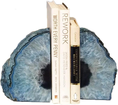 JIC Gem Dyed Blue Agate Bookends Geode Decorative Book Ends for Heavy Books with Rubber Bumpers for Office and Home Decoration Polished Small Size 2 to 3 Lbs