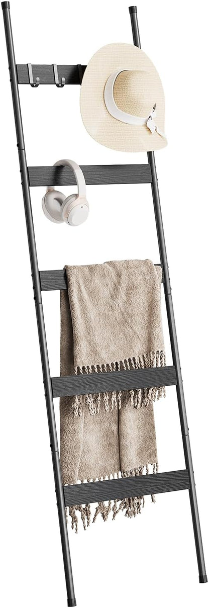 ELYKEN Blanket Ladder for Living Room, Farmhouse 5-Tier Quilt Holder with 4 Removable Hooks for Bathroom, Wood Towel Rack Display, Wall Anchor Leaning Decorative Stand for Home, Rustic Brown