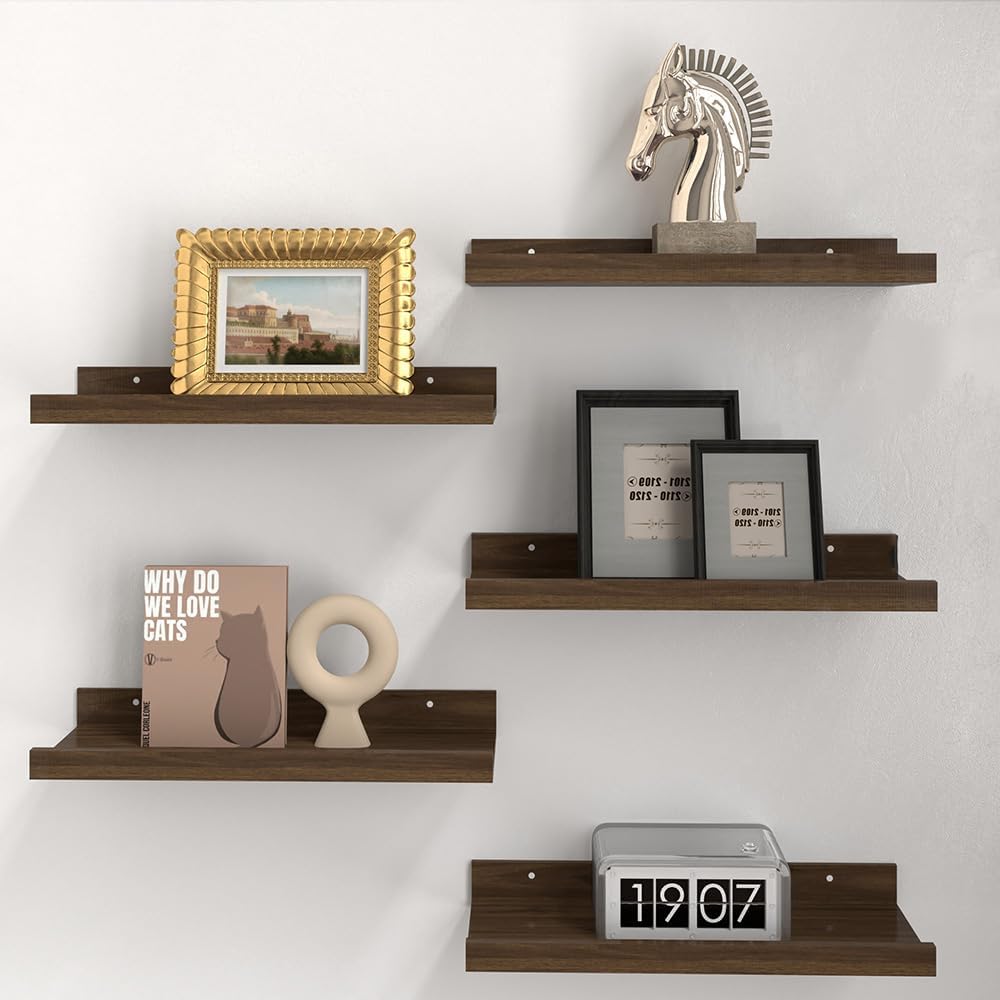 RICHER HOUSE 5 Set Floating Wall Mounted Shelves, Black Shelves for Wall Decor, Modern Picture Ledge Shelf with Lip for Storage, Nursery, Bedroom, Living Room, Bathroom - Black