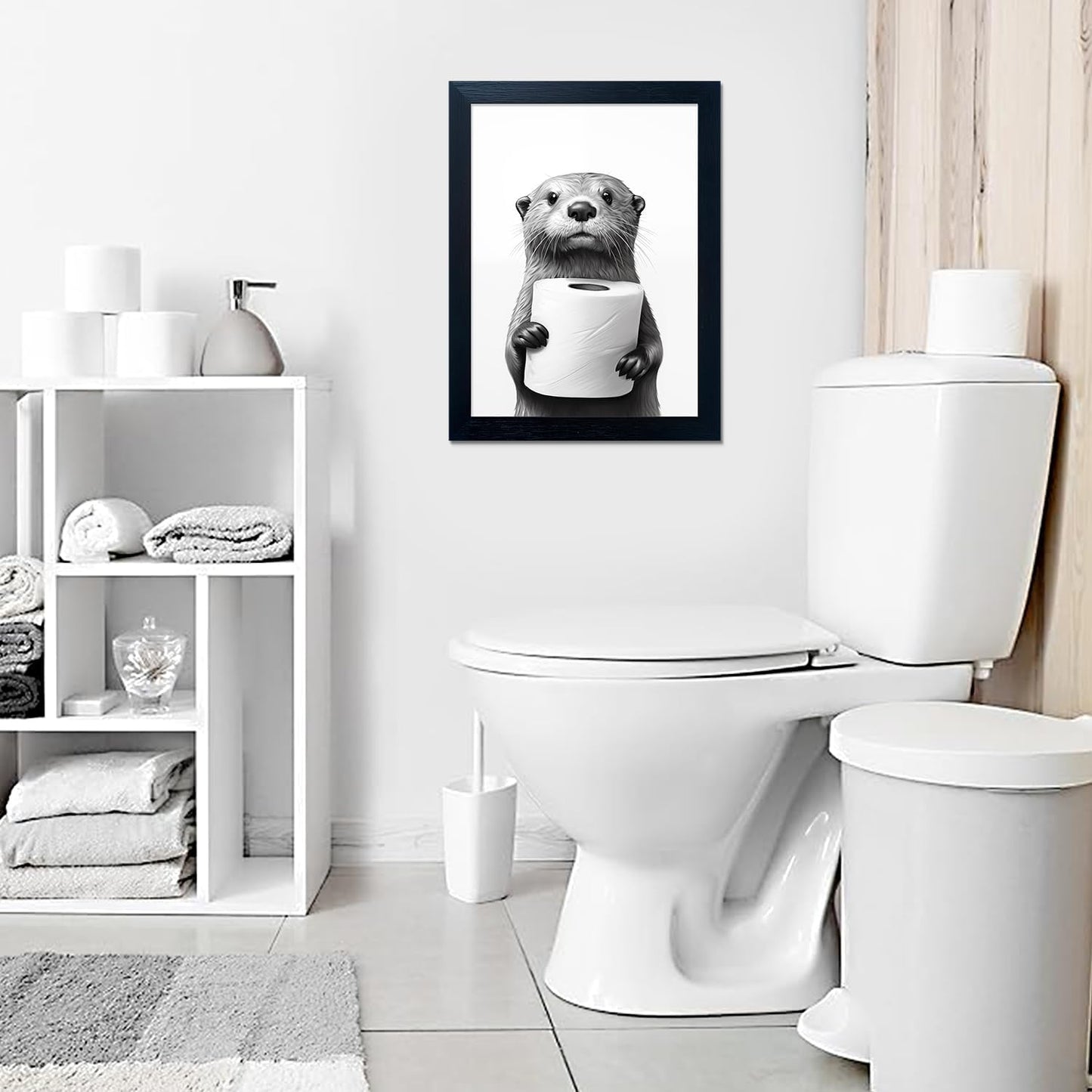 Bathroom Picture Wall Decor, Framed Black and White Bathroom Wall Art, Toilet Paper in Little Funny Raccoon's Hand Animal Canvas Print Painting