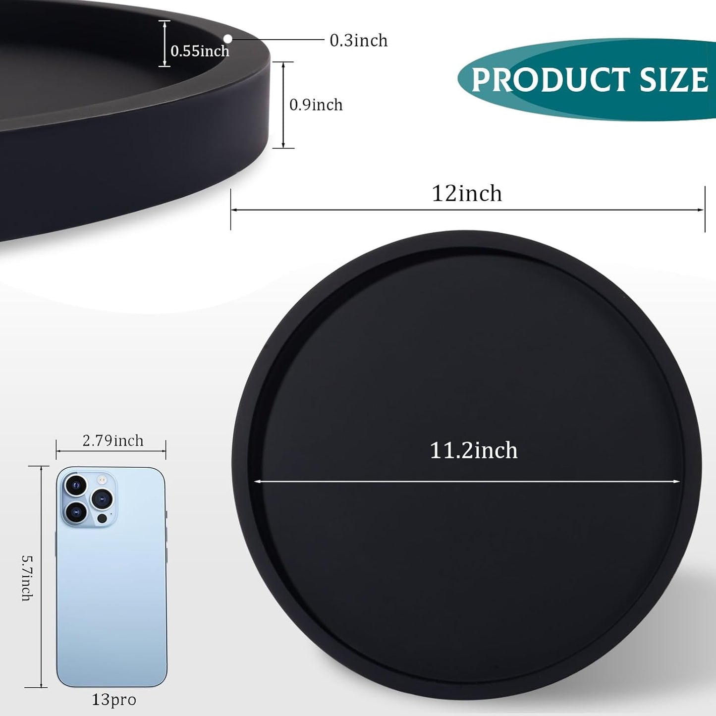 Silicone Bathroom Tray Round Vanity Tray Decorative Soap Holder Kitchen Countertop Organizer Coffee Table Decor for Candle, Perfume, Plant, 9 Inch, Black