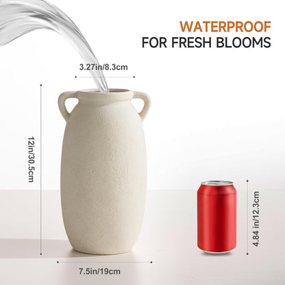 Dobbyby Ceramic Flower Vase 7.6 inch Farmhouse Rustic Vase Decorative Pottery Terracotta Vases for Home Decor Table Mantle Fireplace Living Room Bathroom Wedding Centerpiece (Whitewashed)