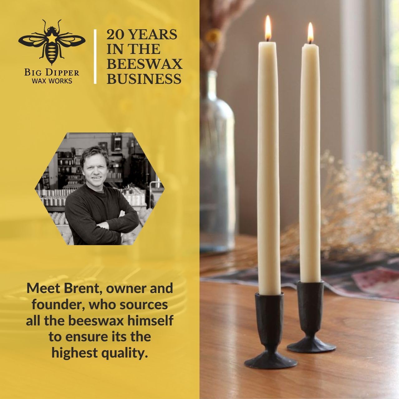 Big Dipper Wax Works Red Hand-Dipped Beeswax Taper Candles – 12” x 7/8”, 2-Pack, 100% Pure Beeswax, Long Burning, Clean, Cotton Wick, Handmade in USA, Home Décor & Wedding Candles