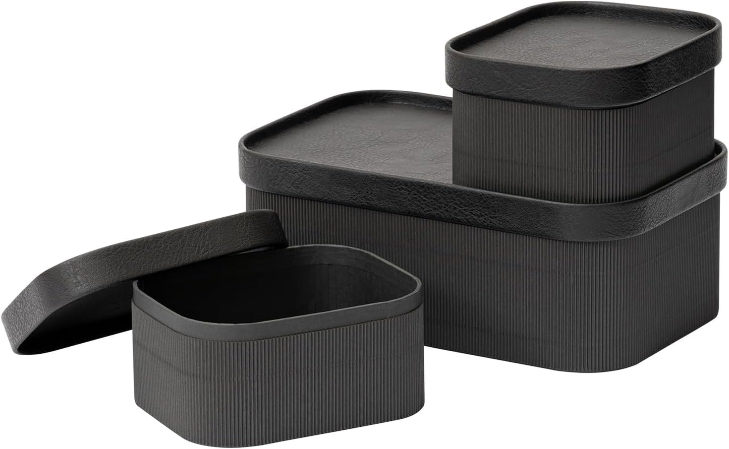 LA JOLIE MUSE Fluted Cardboard Storage Baskets with Leather-Like Lids, Sturdy Stackable Paper Boxes Decorative Tray, Chocolate Brown, Set of 3
