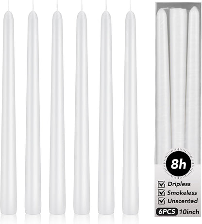 KORCCI Ivory Taper Candles 10 Inch - Set of 6 Long Candles, 8 Hours Long Burning, Smokeless & Unscented & Dripless, for Christmas Holiday Décor, Weddings, Birthdays, Dinner, Rituals (Ivory)