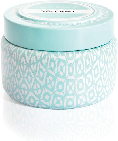 Capri Blue Volcano Printed Travel Tin Jar Candle - Luxury Candle with a Long Lasting Soy Wax Blend - Scented with Tropical & Fruity Fragrance (White Color, 8.5 oz)