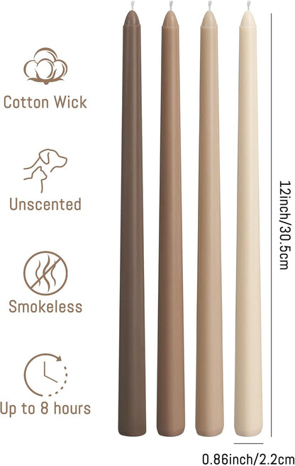 Viyffo Taper Candles, 12 Inch, 12 Pack, Brown – Unscented, Smokeless Design, Up to 8-Hour Burn – Tall Candlesticks for Table Decor, Weddings & Dinners
