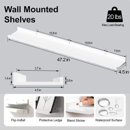 White Floating Shelves for Wall Decor, Wall Mounted Wood Storage Shelf for Bedroom, Living Room, Bathroom, Kitchen, Nursery, Display Picture Ledge Shelf with Lip Set of 2-14 Inches, White