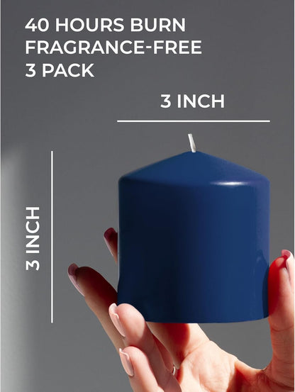 CANDWAX 3x4 inch Pillar Candles Set of 3 – Unscented Dripless Rustic Dark Blue Candles for Room Decor, Weddings, Centerpieces