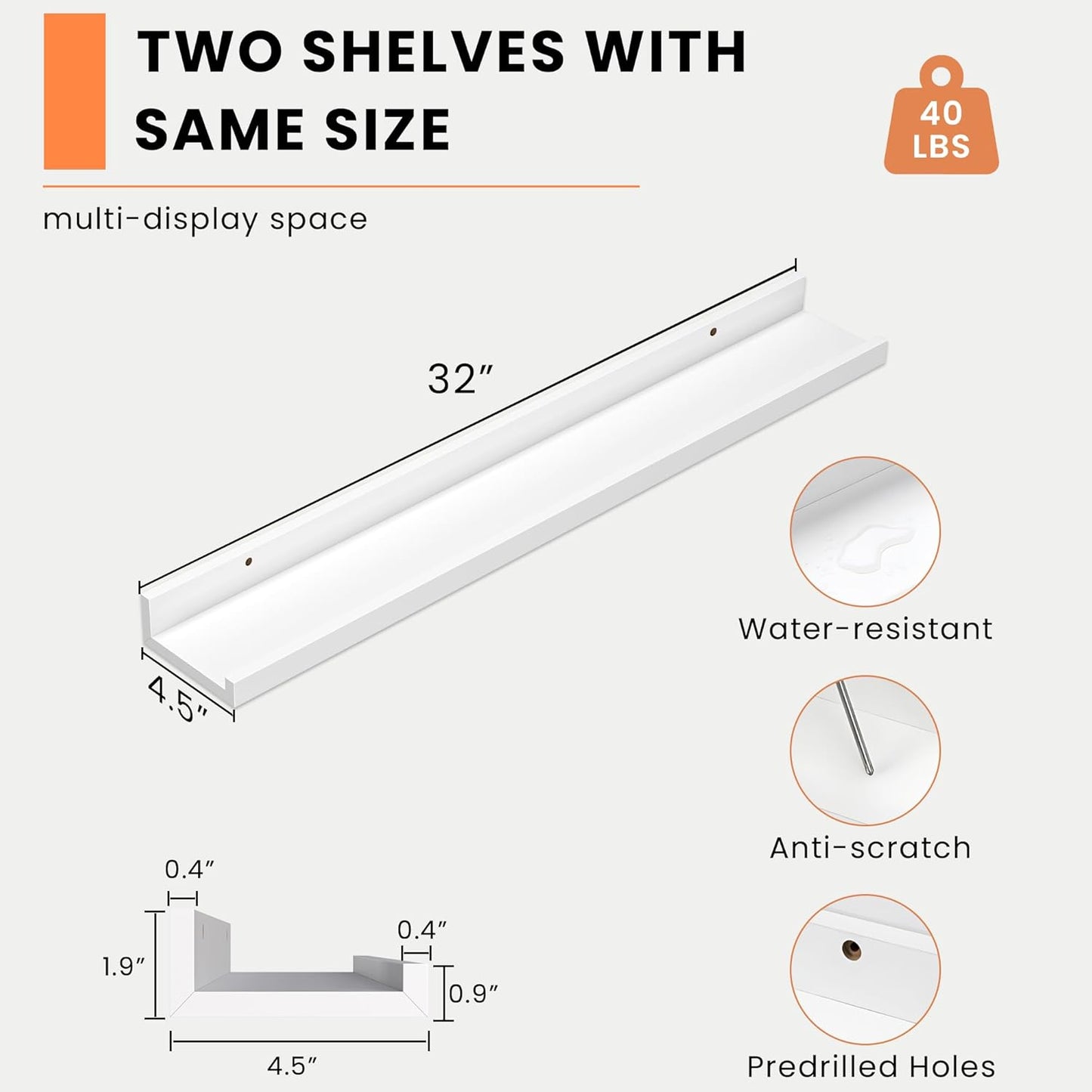 Heimlove Picture Ledge Shelf, Floating Shelves Set of 2, 24 Inches Picture Shelf for Wall with Ledge, Kids Bookshelf Wall Mounted for Living Room Bedroom Decor Books Photo Frames - White