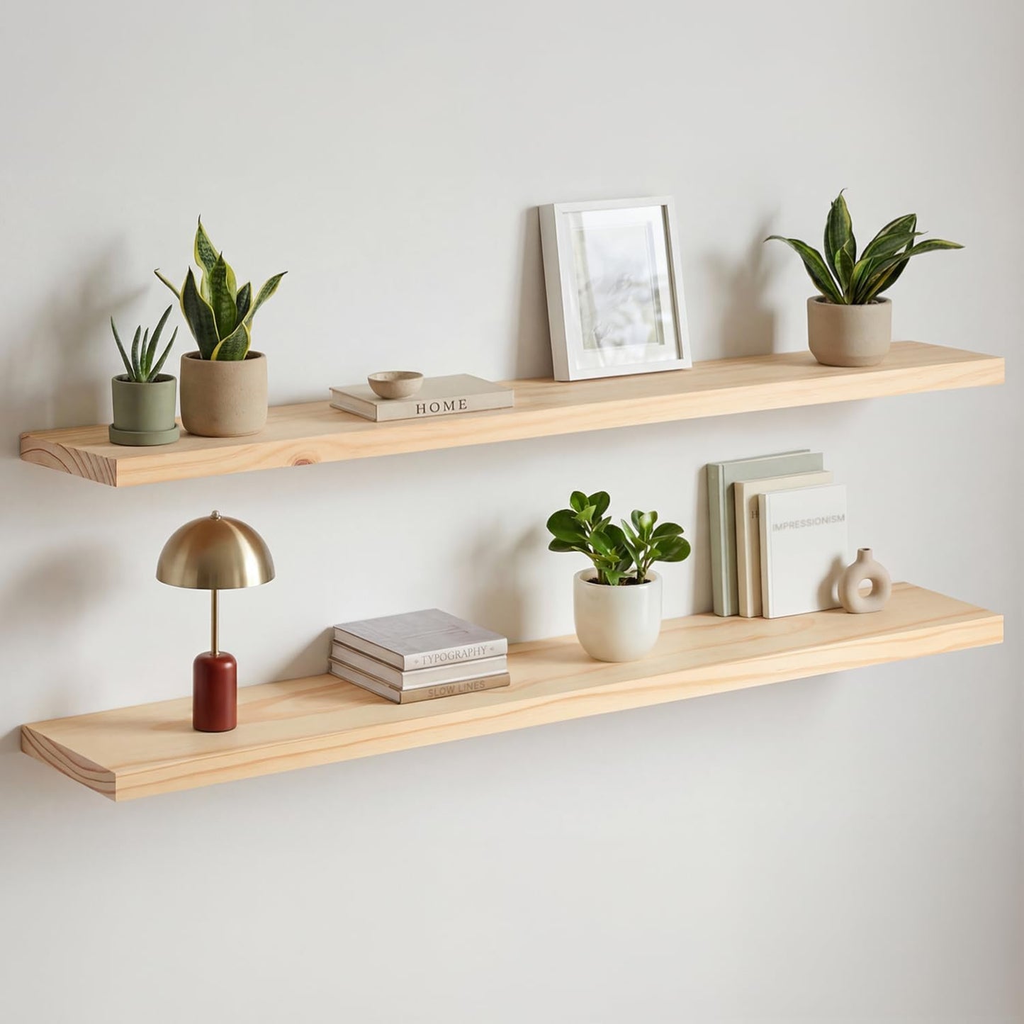 Homeforia 24 inch Natural Floating Shelf, High End Solid Real Wood 24inch Small Floating Shelves for Wall Mounted, Natural Wooden Floating Shelves, Heavy Duty Bracket, 24 X 6.5 X 1.75 in, Set of 2