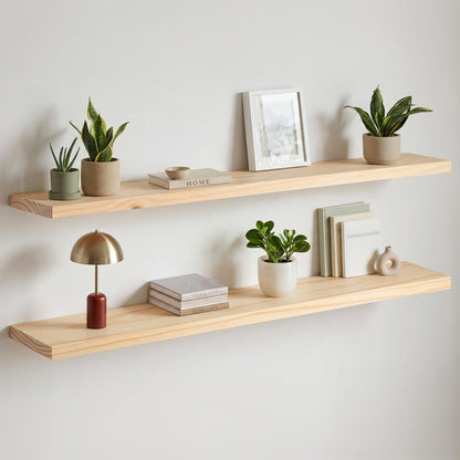 Homeforia 24 inch Natural Floating Shelf, High End Solid Real Wood 24inch Small Floating Shelves for Wall Mounted, Natural Wooden Floating Shelves, Heavy Duty Bracket, 24 X 6.5 X 1.75 in, Set of 2