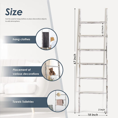 6-Tier Blanket Ladder Wooden, 5.7FT(66.5'') Blanket Quilt Towel Holder Rack Decorative Ladder, Easy Assembly, Rustic Farmhouse Ladder Shelf for The Living Room Bedroom Bathroom Home Decor, Brown