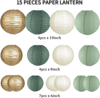 Paper Lanterns Decorative, Round Hanging Paper Lanterns Decorations for Rustic Party Bridal Shower Wedding Sage Green Birthday Party Supplies Gold/Ivory/Sage Green 15pcs