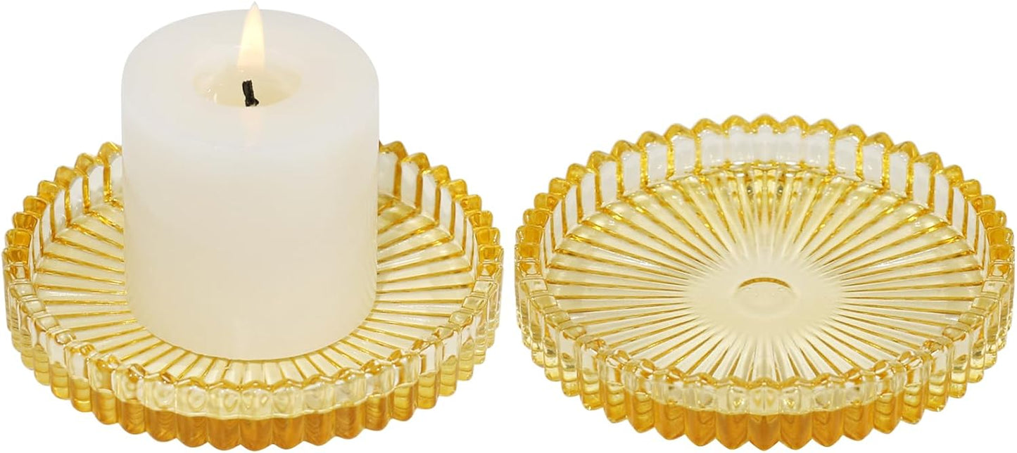 Vixdonos 3.8 Inch Glass Pillar Candle Holder Set Pack 2 Gear Round Plate Serrated Candle Stand for Table Centerpieces,Party, Wedding and Home Decor