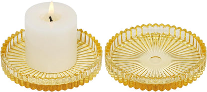 Vixdonos 3.8 Inch Glass Pillar Candle Holder Set Pack 2 Gear Round Plate Serrated Candle Stand for Table Centerpieces,Party, Wedding and Home Decor