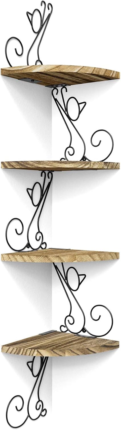 Alsonerbay Corner Shelf Wall Mount, 4 Tier Floating Shelves for Wall, Easy-to-Assemble Wall Shelves Rustic Wood Decor for Bedroom Living Room Bathroom Kitchen Office, Walnut Finish