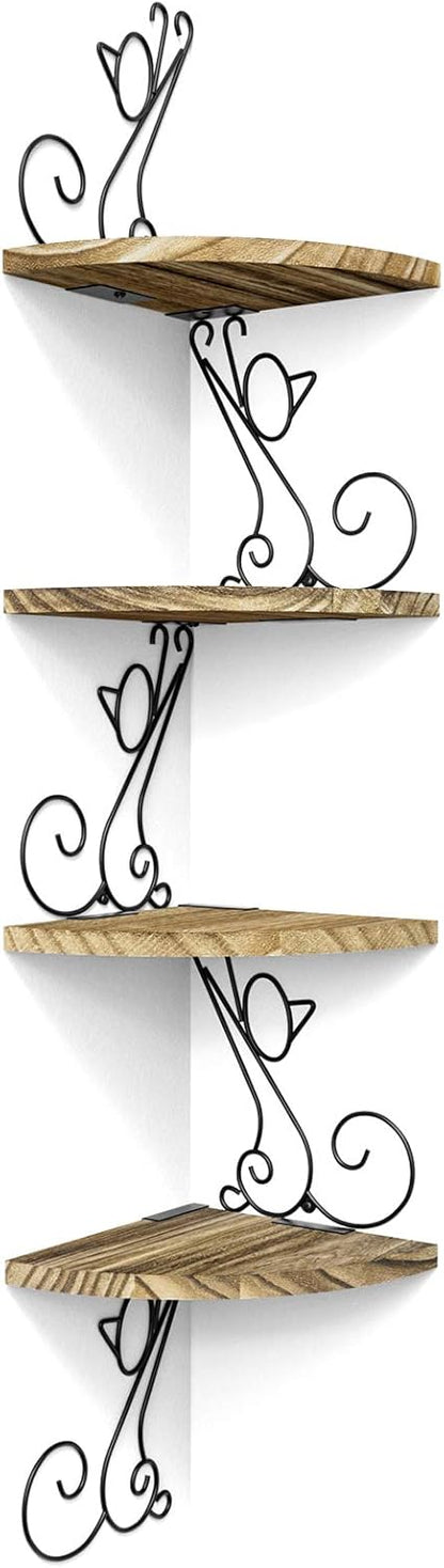 Alsonerbay Corner Shelf Wall Mount, 4 Tier Floating Shelves for Wall, Easy-to-Assemble Wall Shelves Rustic Wood Decor for Bedroom Living Room Bathroom Kitchen Office, Walnut Finish