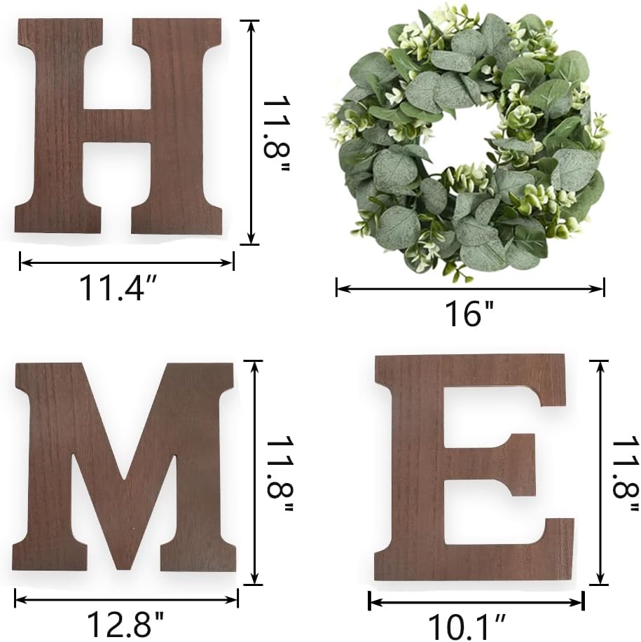 Pinkpum Wood Home Sign with Artificial Eucalyptus Wreath for O, Hanging Farmhouse Wall House Decor Wood Letters for Wall Art Rustic Home Decor, Wall Decor for Living Room Kitchen Entryway (Black)