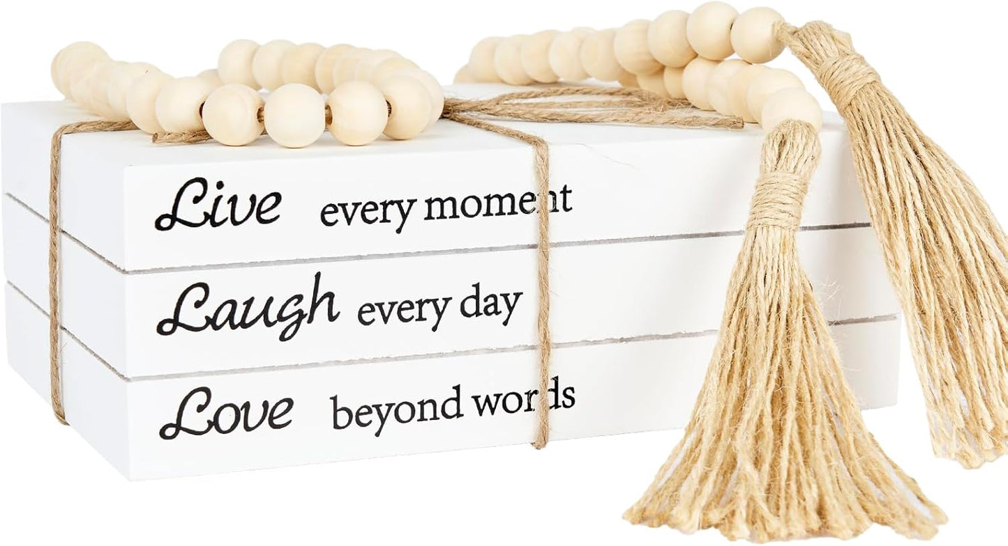 Decorative Books for Home Decor, White Faux Books for Decoration, Rustic Farmhouse Stacked Display Books with 52in Wood Bead Garland for Coffee Tables Living Room (TAKE TIME to DO)