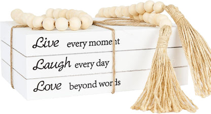 Decorative Books for Home Decor, White Faux Books for Decoration, Rustic Farmhouse Stacked Display Books with 52in Wood Bead Garland for Coffee Tables Living Room (TAKE TIME to DO)