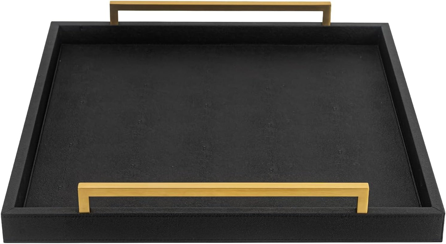 XIGEXIGE Ivory Shagreen Decorative Tray Large Rectangle Coffee Table Tray for Ottoman Faux Leather Serving Tray with Brushed Gold Handles