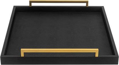 XIGEXIGE Ivory Shagreen Decorative Tray Large Rectangle Coffee Table Tray for Ottoman Faux Leather Serving Tray with Brushed Gold Handles