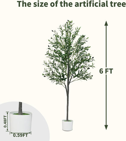 6FT Artificial Olive Tree,Artificial Plants Indoor,Faux Olive Tree Indoor with Natural Wood Trunk and Realistic Leaves and Fruits for Home Office Decor