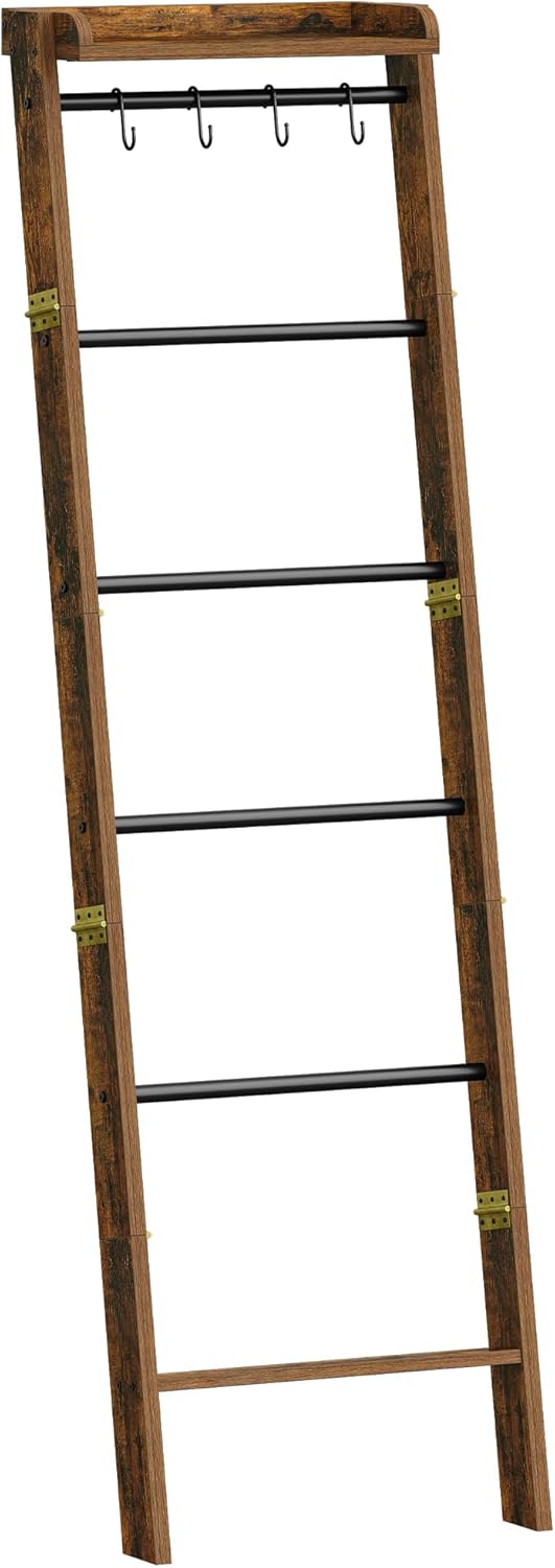 Hzuaneri Blanket Ladder Shelf, Decorative Quilt Rack, 6-Tier Farmhouse Ladder Holder Organizer with 4 Removable Hooks 7.9" D x 17.3" W x 63.4" H, Rustic Brown BR35801B