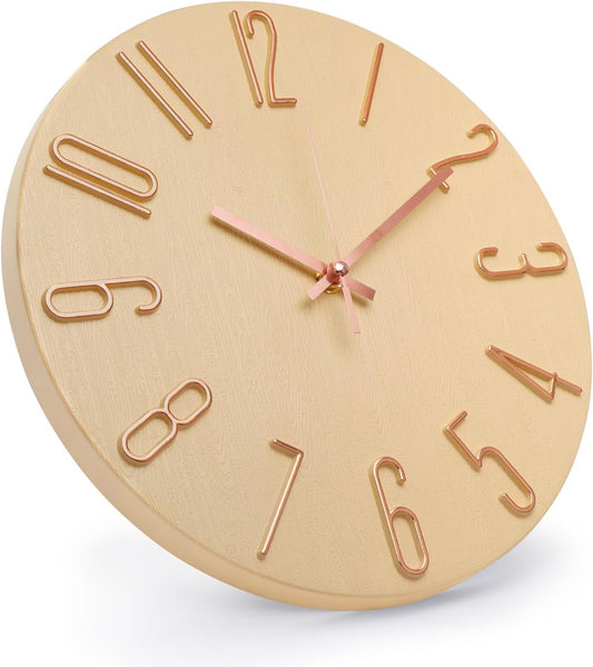 Wall Clock 12 Inch Silent Non-Ticking Imitation Wood Indoor Clock Round White Decor Clock Modern 3D Figures Quartz Wall Clocks for Home, Hotel, Office, School, Bedroom, Living Room, Kitchen